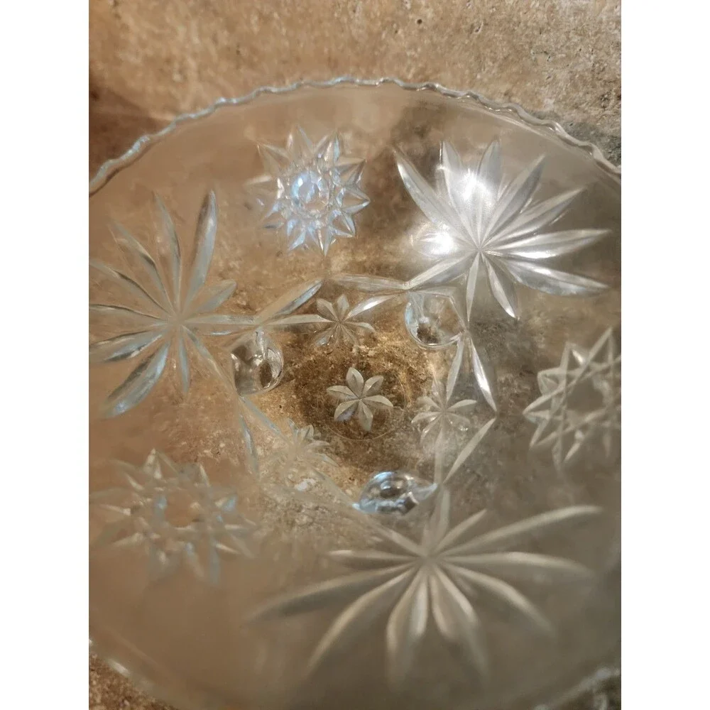 Vintage Candy Nut Bowl Clear Pressed Glass 3 Foot Starburst Sawtooth Rim